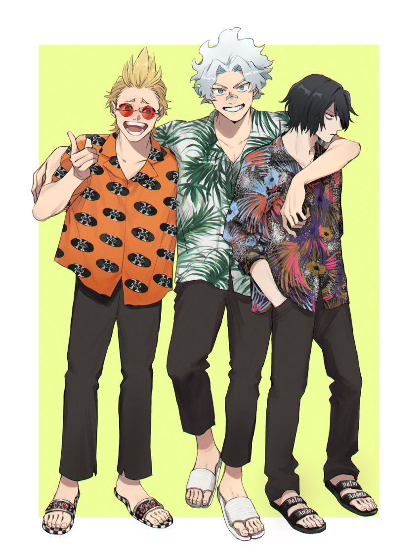 3boys arm_around_shoulder bags_under_eyes bandaid bandaid_on_face bandaid_on_nose black_footwear black_hair black_pants blonde_hair blue_eyes boku_no_hero_academia border checkered_footwear closed_mouth collared_shirt commentary_request eraser_head_(boku_no_hero_academia) full_body grey_hair hawaiian_shirt highres looking_at_viewer looking_to_the_side loud_cloud male_focus multicolored_shirt multiple_boys open_mouth orange_shirt pants present_mic red-tinted_eyewear rnuyvm sandals shirt short_sleeves teeth tinted_eyewear toenails white_border white_footwear