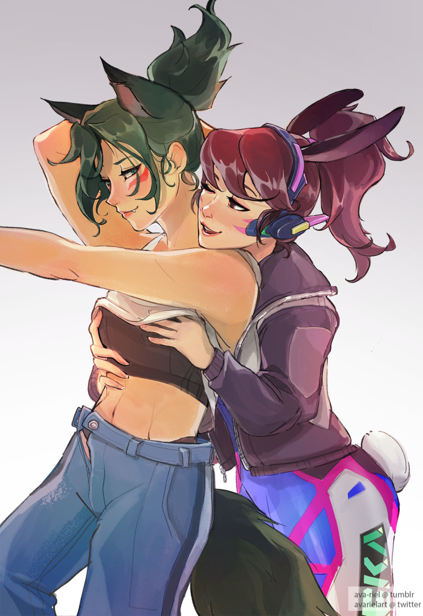 2girls animal_ears ava-riel brown_hair d.va_(overwatch) facial_mark fang fang_out green_hair headphones highres kiriko_(overwatch) multiple_girls navel one_eye_closed open_fly overwatch overwatch_2 parted_lips pilot_suit tail tumblr_username twitter_username whisker_markings yuri