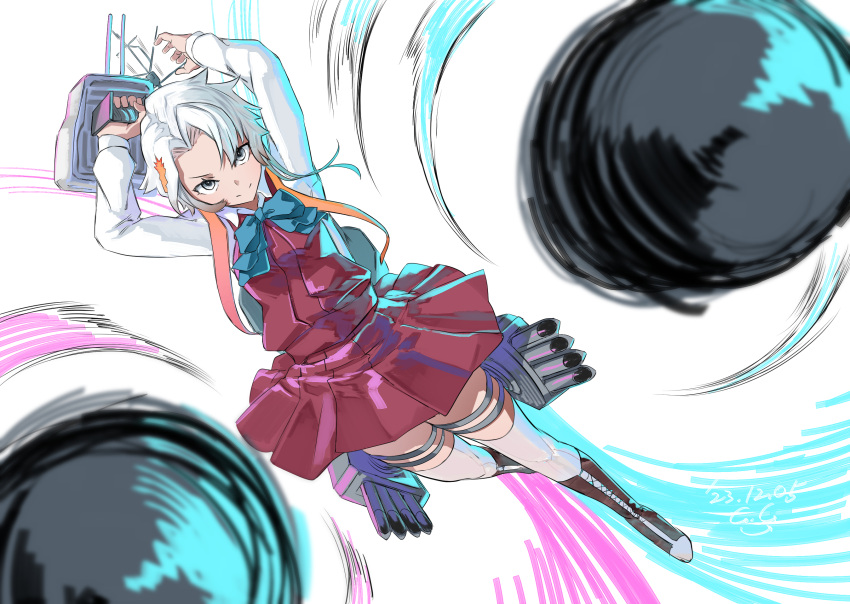 1girl adapted_turret akishimo_(kancolle) aqua_bow aqua_bowtie asymmetrical_bangs asymmetrical_hair bow bowtie depth_charge dress gegeron gradient_hair grey_eyes grey_hair grey_thighhighs hair_ornament highres kantai_collection leaf_hair_ornament long_sleeves machinery mast multicolored_hair pleated_dress purple_dress rigging school_uniform seamed_legwear shirt short_hair short_hair_with_long_locks side-seamed_legwear signature smile smokestack solo thighhighs torpedo_launcher torpedo_tubes turret white_background white_shirt