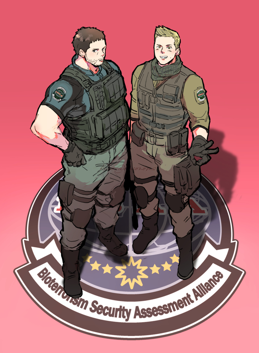2boys absurdres black_gloves black_hair boots brown_hair bulletproof_vest chris_redfield closed_mouth english_text facial_hair gloves green_pants green_shirt highres knee_pads kuconoms male_focus multiple_boys pants piers_nivans resident_evil resident_evil_6 shirt short_hair smile teeth v