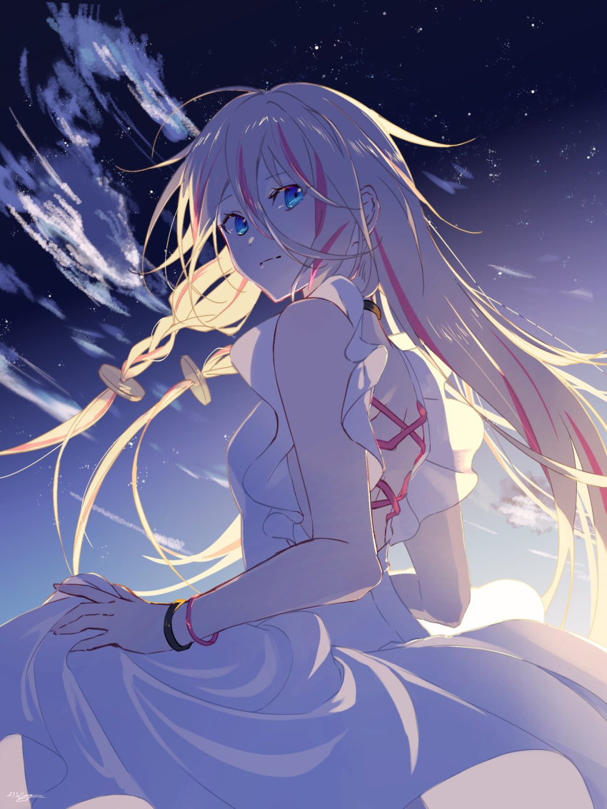 1girl alternate_costume backless_dress backless_outfit black_choker blue_eyes bracelet braid choker closed_mouth cloud commentary_request cowboy_shot cross-laced_clothes cross-laced_dress dress floating_hair frilled_dress frills from_behind gradient_sky hair_between_eyes highres ia_(vocaloid) jewelry light_smile long_bangs long_hair looking_at_viewer looking_back multicolored_hair natsusankinka07 night night_sky outdoors pink_hair sidelighting sidelocks skirt_hold sky sleeveless sleeveless_dress solo star_(sky) starry_sky streaked_hair twin_braids vocaloid white_dress white_hair