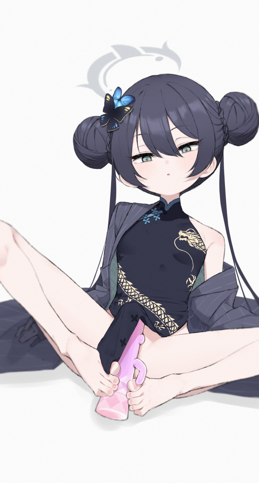 1girl absurdres barefoot black_dress black_hair black_jacket blue_archive breasts butterfly_hair_ornament china_dress chinese_clothes commentary double_bun dragon_print dress feet full_body grey_eyes grey_halo hair_bun hair_ornament halo haniwa_(statue) highres jacket kisaki_(blue_archive) knees_apart_feet_together no_panties parted_lips pelvic_curtain pinstripe_jacket pinstripe_pattern simple_background simulated_footjob single_bare_shoulder small_breasts solo spread_legs striped striped_jacket take_mawile toenails toes turtleneck_dress twintails vertical-striped_jacket vertical_stripes white_background