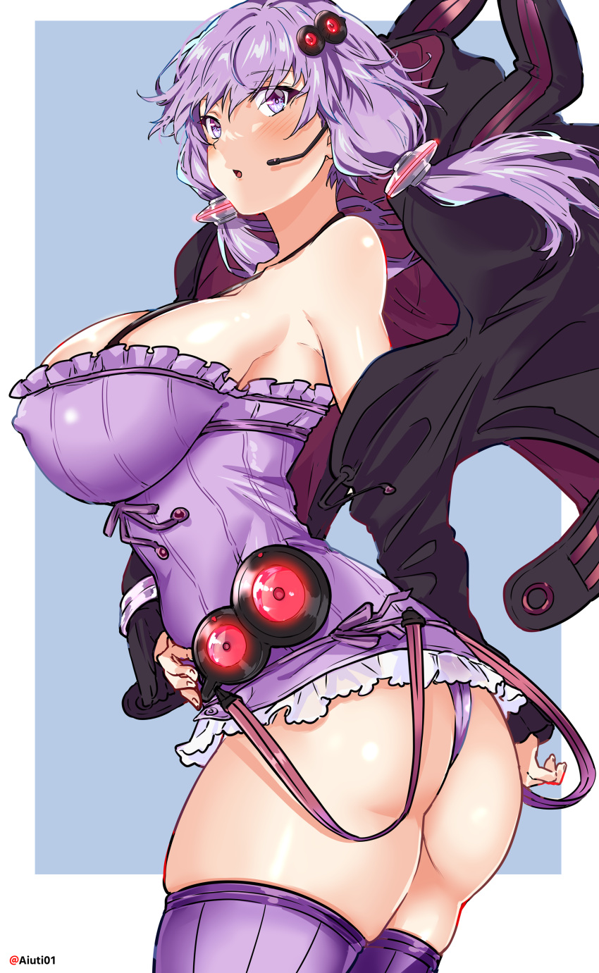 1girl absurdres aiuti artist_name ass bare_shoulders black_hoodie breasts commentary_request curvy dress from_side grey_background hair_ornament headset highres hood hoodie large_breasts looking_at_viewer low_twintails medium_hair open_mouth panties purple_dress purple_eyes purple_hair purple_panties purple_thighhighs simple_background solo thighhighs thighs twintails underwear voiceroid yuzuki_yukari