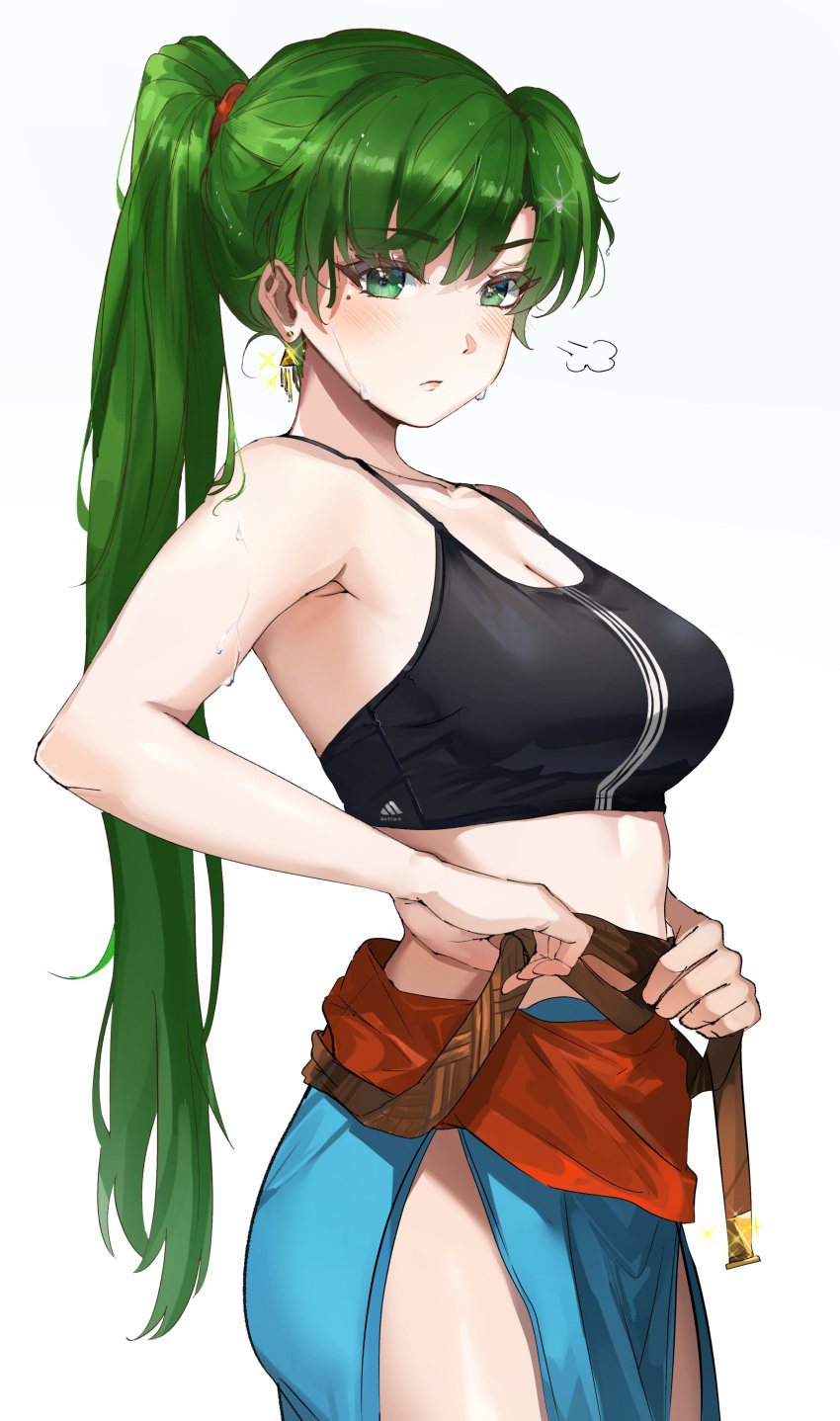 1girl absurdres adapted_costume black_sports_bra breasts cosplay earrings fire_emblem fire_emblem:_the_blazing_blade green_eyes green_hair highres jewelry long_hair looking_at_viewer lyn_(fire_emblem) lyn_(fire_emblem)_(cosplay) medium_support_(meme) meme miru_(ormille) mole mole_under_eye ormille ponytail solo sports_bra triple_vertical_stripe undressing