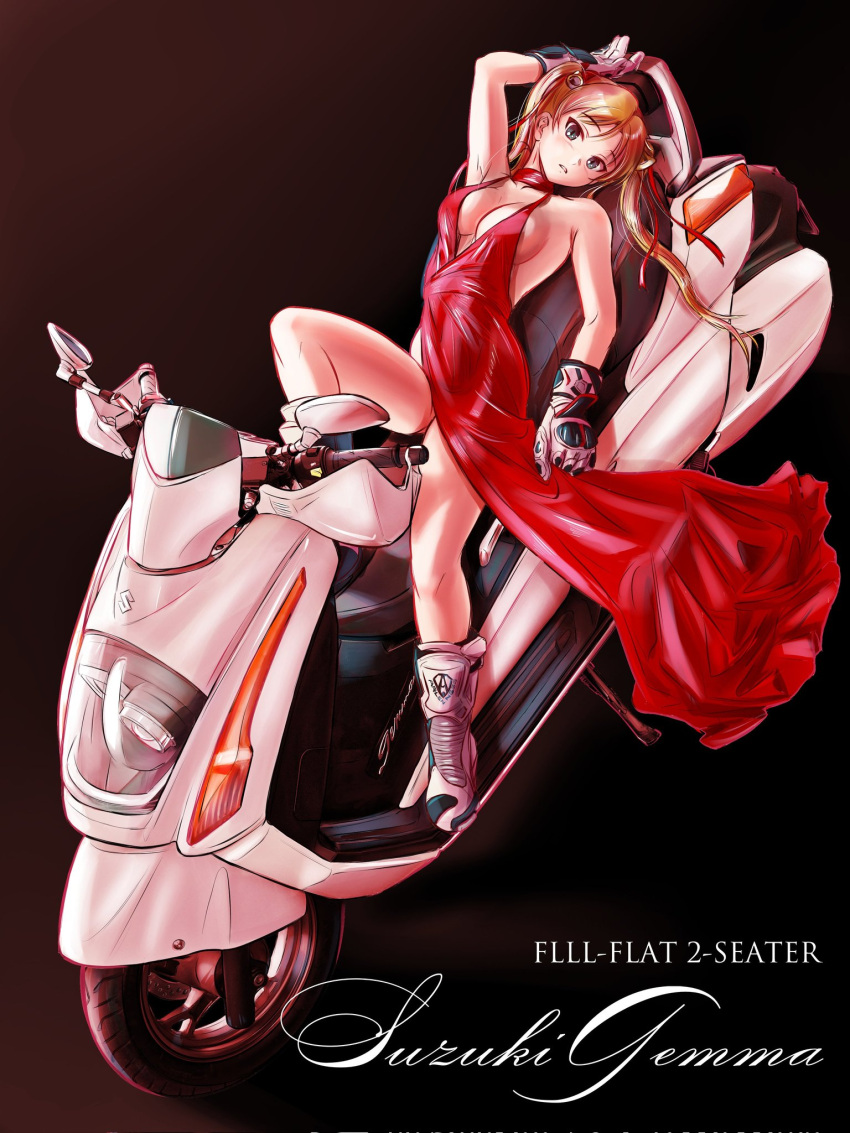 1girl bakuon!! bell black_background blonde_hair breasts cleavage dress gloves grey_eyes hair_bell hair_ornament highres knee_up long_hair looking_at_viewer lying motor_vehicle motorcycle on_back on_motorcycle red_dress sakuma_masanori sideboob simple_background sleeveless sleeveless_dress solo suzunoki_rin twintails vehicle_focus