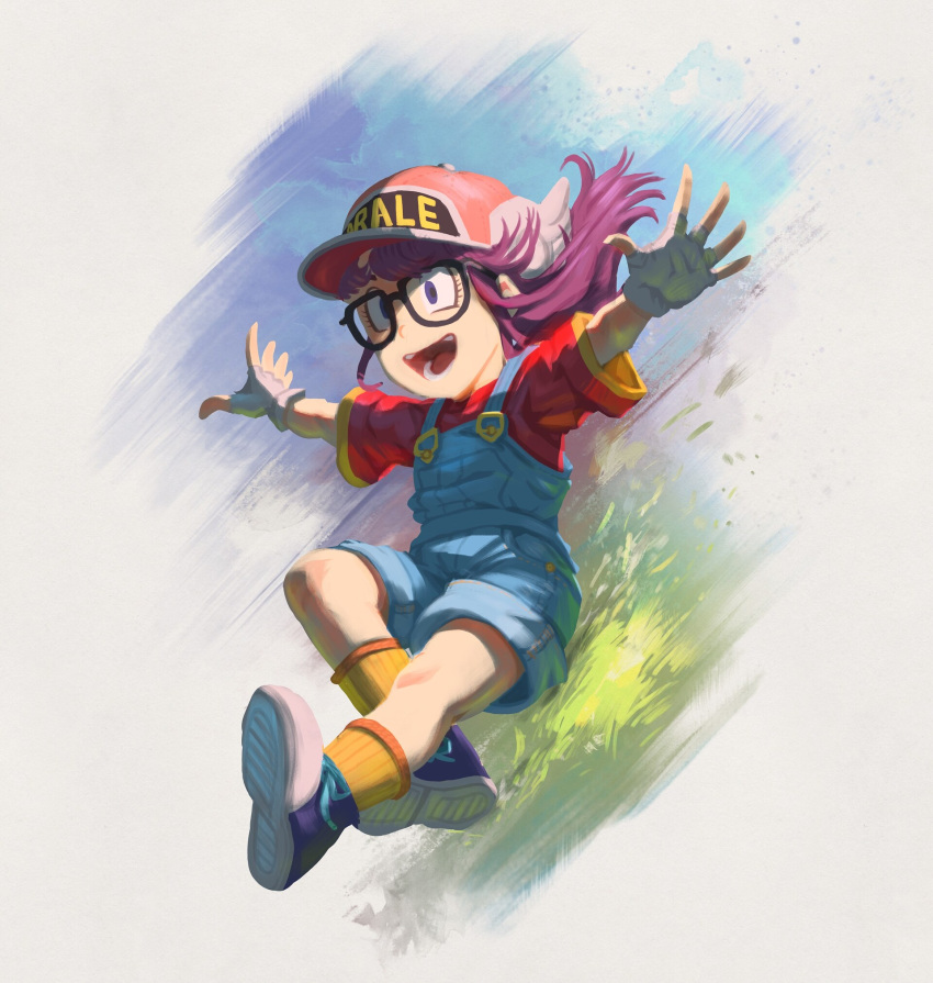 1girl baseball_cap blue_eyes blue_overalls child commentary david_revoy dr._slump english_commentary female_child fingerless_gloves gloves grass hat highres krita_(medium) long_hair making-of norimaki_arale open_mouth overalls red_shirt shirt shoes short_sleeves shorts smile socks solo white_gloves