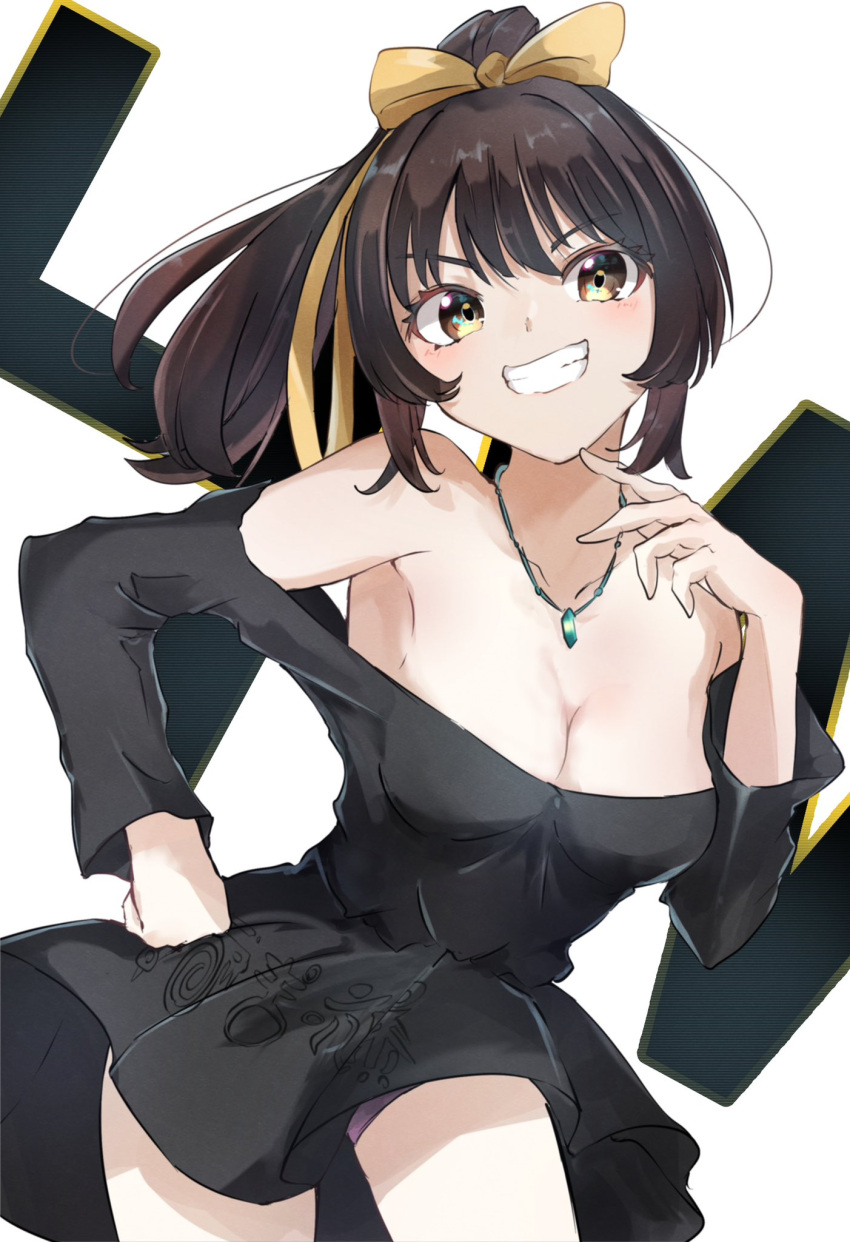 1girl black_dress bow breasts brown_eyes brown_hair cleavage collarbone commentary_request dress grin hair_bow hair_ribbon hand_on_own_hip highres jewelry long_sleeves looking_at_viewer medium_hair off-shoulder_dress off_shoulder pendant ponytail ribbon sasai_tuki simple_background smile solo suzumiya_haruhi suzumiya_haruhi_no_yuuutsu teeth white_background yellow_bow yellow_ribbon