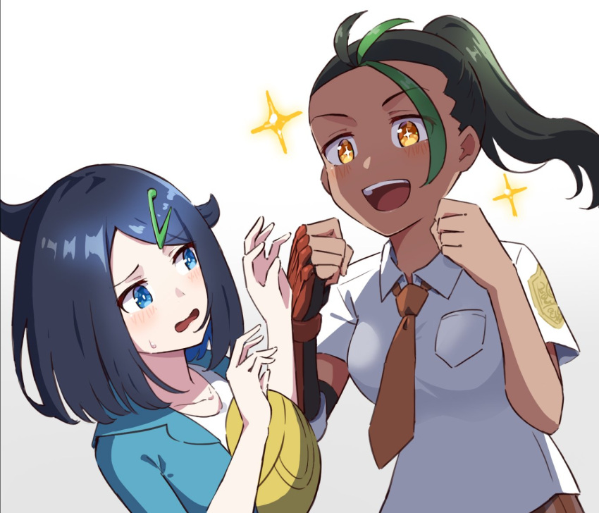 2girls black_hair blue_eyes blush breast_pocket clenched_hands collared_shirt commentary_request cowlick fingerless_gloves gloves green_hair green_jacket hair_ornament hairclip hands_up hyoe_(hachiechi) jacket liko_(pokemon) long_hair multicolored_hair multiple_girls necktie nemona_(pokemon) open_mouth orange_necktie pocket pokemon pokemon_(anime) pokemon_horizons ponytail school_uniform shirt short_sleeves single_glove sparkle sweatdrop two-tone_hair white_background white_shirt yellow_bag