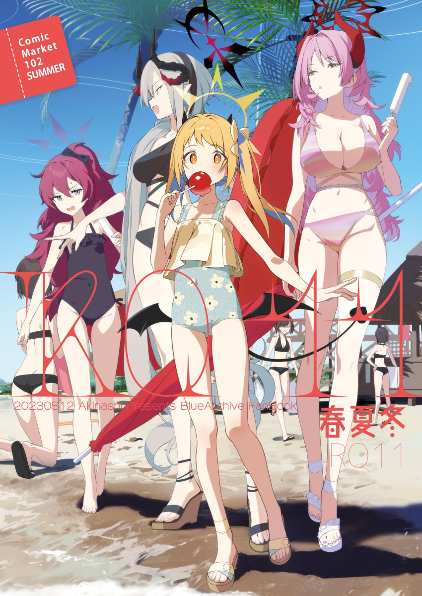 6+girls akinashi_yuu alternate_costume ball barefoot beach beachball blue_archive breasts candy_apple cleavage demon_girl demon_horns demon_wings eating food halo highres holding holding_food horns ibuki_(blue_archive) iroha_(blue_archive) large_breasts long_hair makoto_(blue_archive) multiple_girls one-piece_swimsuit pandemonium_society_member_(blue_archive) popsicle satsuki_(blue_archive) shoes small_breasts swimsuit umbrella wings