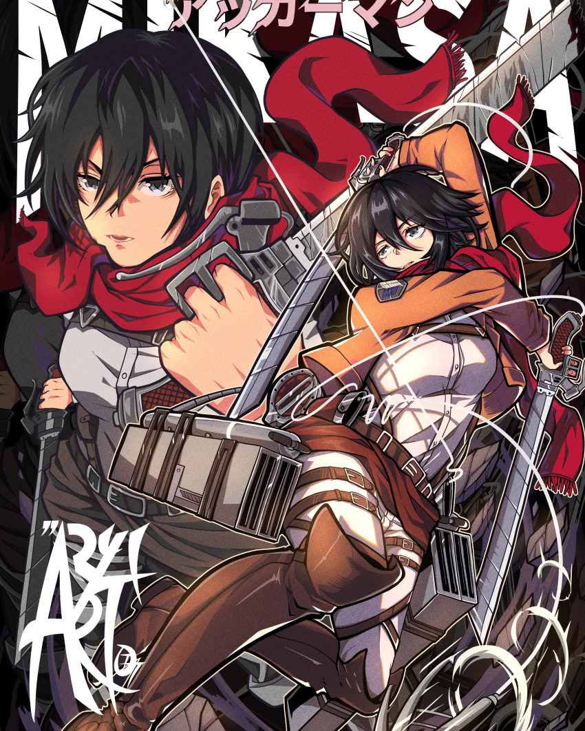 1girl absurdres artist_name aryi077 belt black_eyes black_hair boots breasts brown_footwear buttons character_name double-parted_bangs hair_between_eyes highres looking_at_viewer mikasa_ackerman multiple_views open_mouth paradis_military_uniform red_scarf scarf shingeki_no_kyojin short_hair teeth three-dimensional_maneuver_gear translation_request
