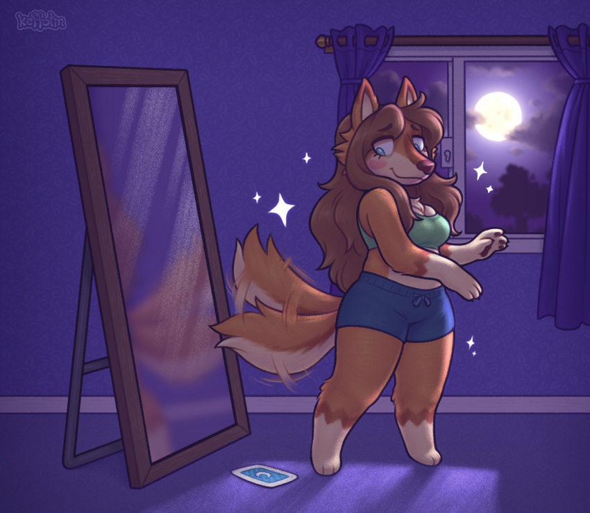 animal_crossing anthro breast_expansion breasts canid canine canis evening expansion female full_moon hair hi_res human_to_anthro inside keffotin long_hair mammal mirror moon night nintendo solo species_transformation tail tail_motion tailwag transformation villager_(animal_crossing) were werecanid werecanine werewolf wolf