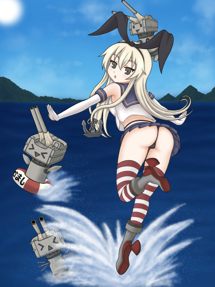 &gt;_&lt; 1girl :o anchor anchor_hair_ornament artist_progress ass bare_shoulders blonde_hair closed_eyes elbow_gloves from_behind gloves grey_eyes hair_ornament highres innertube kantai_collection long_hair looking_at_viewer looking_back microskirt motion_lines mountain ocean outstretched_arms pleated_skirt redrawn rensouhou-chan robot rudder_footwear sailor_collar school_uniform serafuku shimakaze_(kancolle) skirt sleeveless splashing standing standing_on_one_leg striped thighhighs thong water waving_arms yozora_takayama