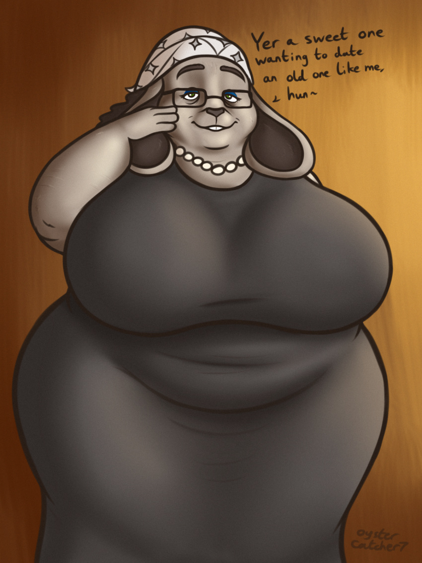 anthro bandanna belly big_breasts black_clothing black_dress blue_eyeshadow breasts clothing curled_hair dress eyeshadow eyewear female fur glasses green_eyes grey_body grey_fur hair hi_res jewelry kerchief lagomorph leporid long_ears looking_at_viewer makeup mama_rabbit_(tmftw) mammal mature_female necklace overweight overweight_female oystercatcher7 rabbit solo stretch_marks the_man_from_the_window wide_hips zed_technician_games