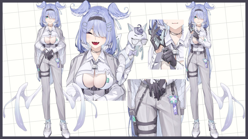 1girl adjusting_clothes adjusting_gloves belt black_belt black_gloves black_hairband blue_bow blue_bowtie blue_hair bow bowtie breasts cleavage_cutout clothing_cutout collared_shirt dragon_wings elira_pendora elira_pendora_(4th_costume) fangs fangs_out glasses glove_pull gloves green_eyes grey-framed_eyewear grey_footwear grey_jacket grey_pants hair_ornament hair_over_one_eye hairband hairclip head_wings high_heels highres holster jacket jacket_on_shoulders jewelry juice_box kamameshi_gougoumaru large_breasts lock long_hair long_sleeves looking_at_viewer multiple_views necklace nijisanji nijisanji_en official_alternate_costume official_art one_eye_covered open_mouth padlock pants pikl_(elira_pendora) pince-nez rectangular_eyewear reference_sheet second-party_source shirt simple_background smile socks solo striped striped_socks suit suspenders thigh_holster traditional_bowtie two-sided_gloves underbust vertical-striped_socks vertical_stripes very_long_hair vest virtual_youtuber white_background white_gloves white_shirt white_socks white_vest white_wings wing_collar wings