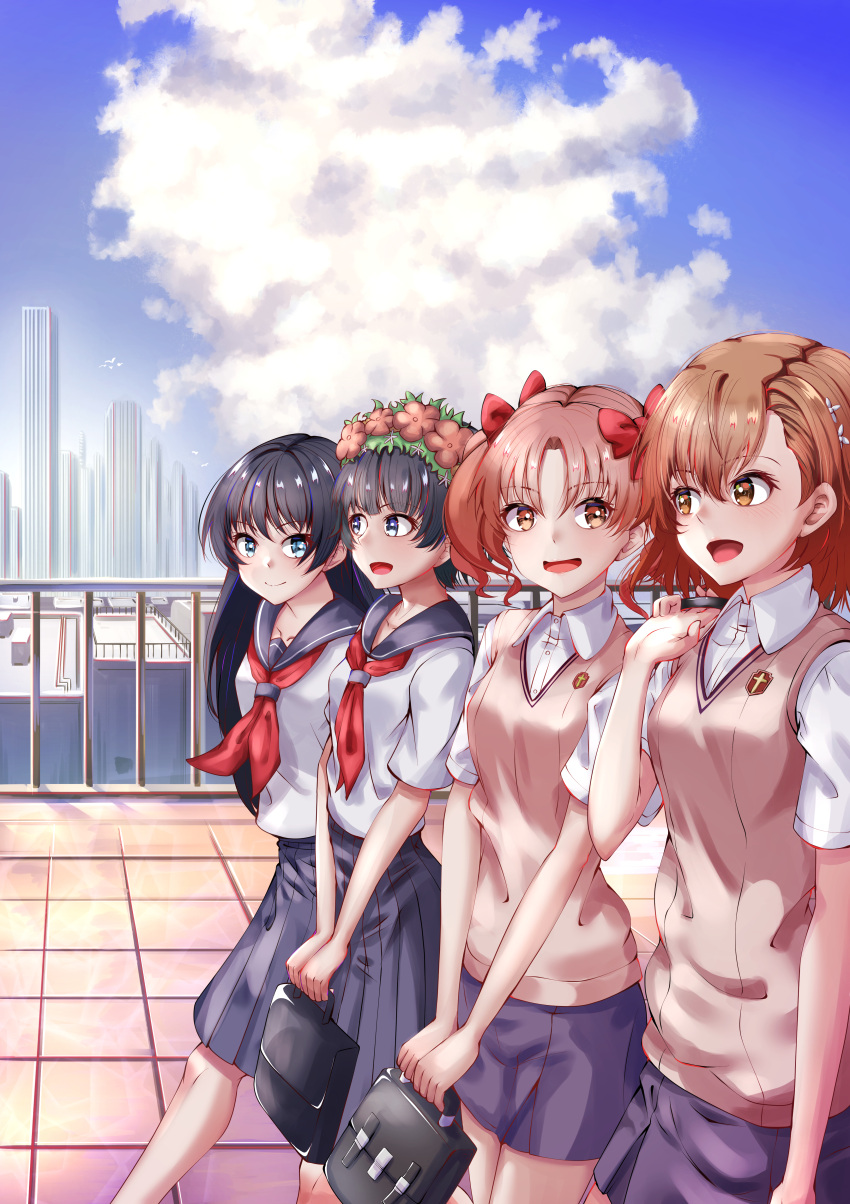 4girls absurdres blue_eyes blue_sailor_collar blue_skirt briefcase brown_eyes brown_hair brown_sweater_vest building city cloud day gari88625884 highres long_hair misaka_mikoto multiple_girls neckerchief outdoors red_neckerchief sailor_collar sakugawa_school_uniform saten_ruiko school_briefcase school_uniform shirai_kuroko short_hair skirt sweater_vest toaru_kagaku_no_railgun toaru_majutsu_no_index tokiwadai_school_uniform twintails uiharu_kazari walking