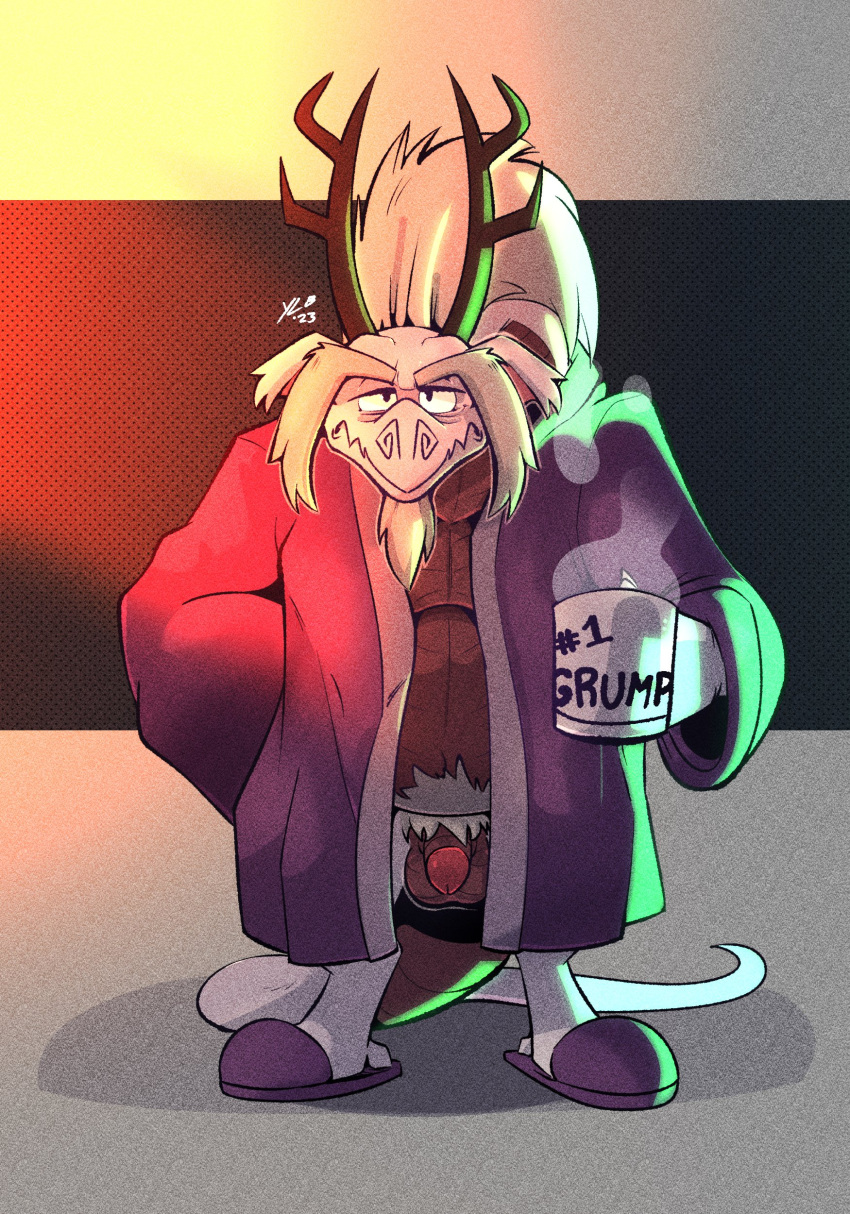 absurd_res anthro balls beverage bottomless clothed clothing dragon eyebrows facial_hair fafnir_(little_witch_academia) flaccid genitals goatee hi_res horn hot_beverage humanoid_genitalia humanoid_penis little_witch_academia long_eyebrows looking_at_viewer male mature_male mug penis pubes scalie slippers solo studio_trigger talons yellowluster