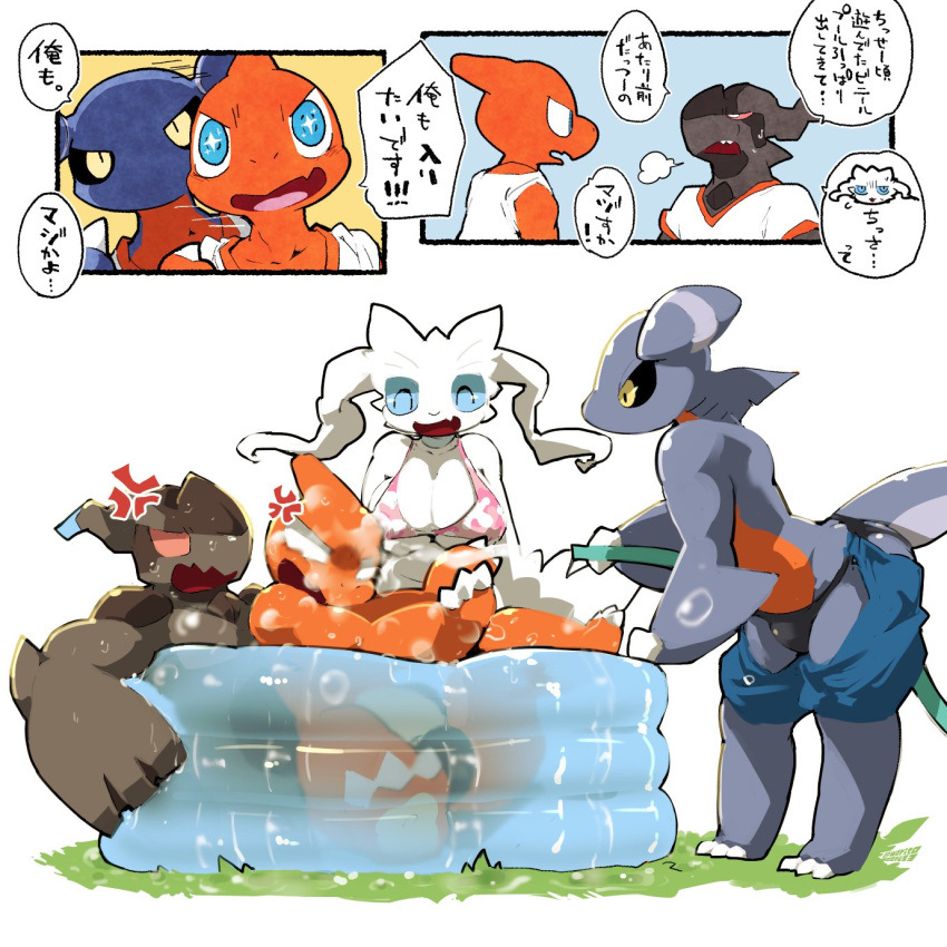 anthro biped black_body blue_body blue_eyes charmeleon clothed clothing cross-popping_vein dialogue female fur gabite generation_1_pokemon generation_4_pokemon generation_5_pokemon group hi_res japanese_text legendary_pokemon male moesouna_gomi nintendo orange_body pokemon pokemon_(species) red_eyes reshiram simple_background speech_bubble text translation_request white_background white_body white_fur yellow_eyes zekrom