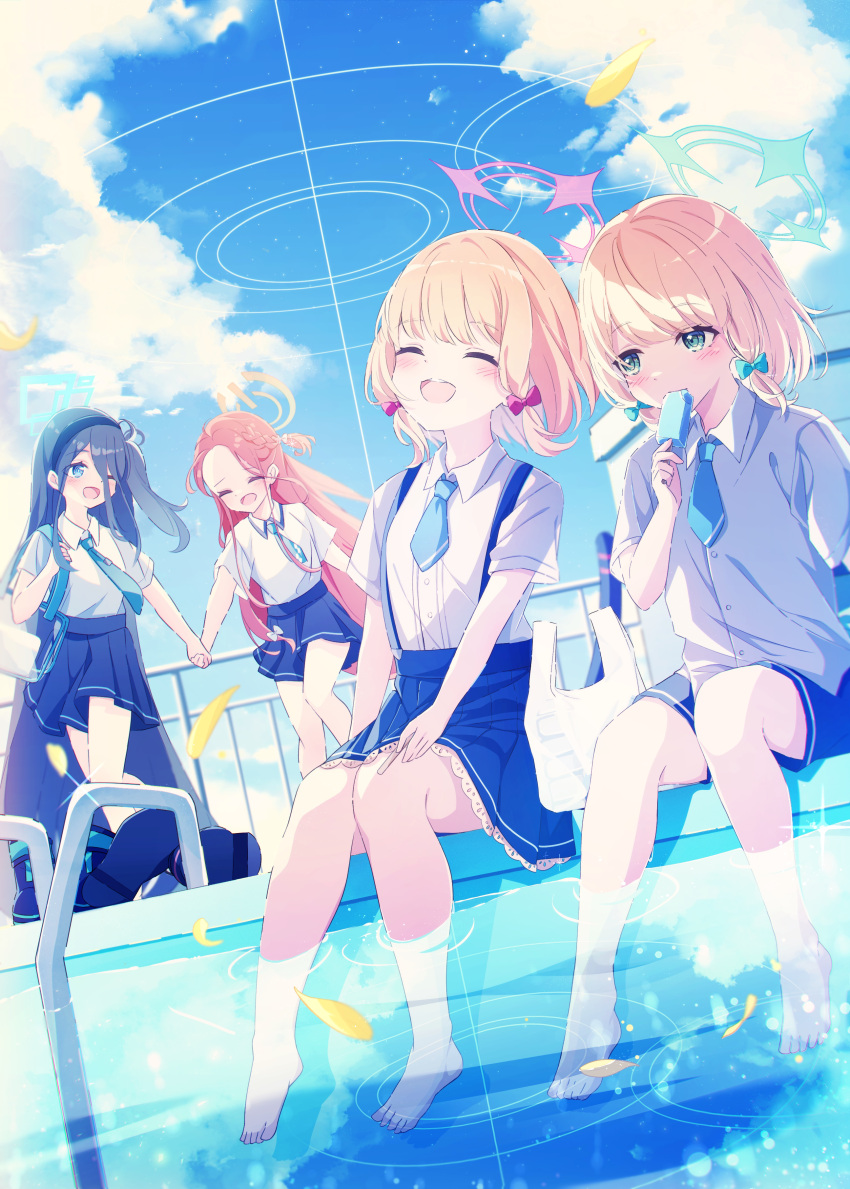 4girls absurdres aqua_necktie aqua_ribbon aris_(blue_archive) bare_legs barefoot black_footwear black_hair black_hairband black_skirt blonde_hair blue_archive blue_eyes blue_sky blunt_bangs blush braid closed_eyes cloud cloudy_sky collared_shirt commentary_request eating food frilled_skirt frills full_body green_eyes grey_ribbon hair_between_eyes hair_intakes hair_over_one_eye hair_over_shoulder hair_ribbon hairband halo head_tilt highres holding holding_food holding_hands holding_ice_cream ice_cream legs long_hair looking_at_another looking_away loose_necktie medium_hair midori_(blue_archive) momoi_(blue_archive) multiple_girls necktie nemu_no1 open_mouth outdoors pink_ribbon pleated_skirt pool pool_ladder popsicle railing red_hair ribbon rooftop school_uniform shirt shirt_tucked_in shoes short_necktie short_sleeves sidelocks single_braid skirt sky smile soaking_feet suspender_skirt suspenders swept_bangs teeth untucked_shirt upper_teeth_only very_long_hair water white_shirt yuzu_(blue_archive)