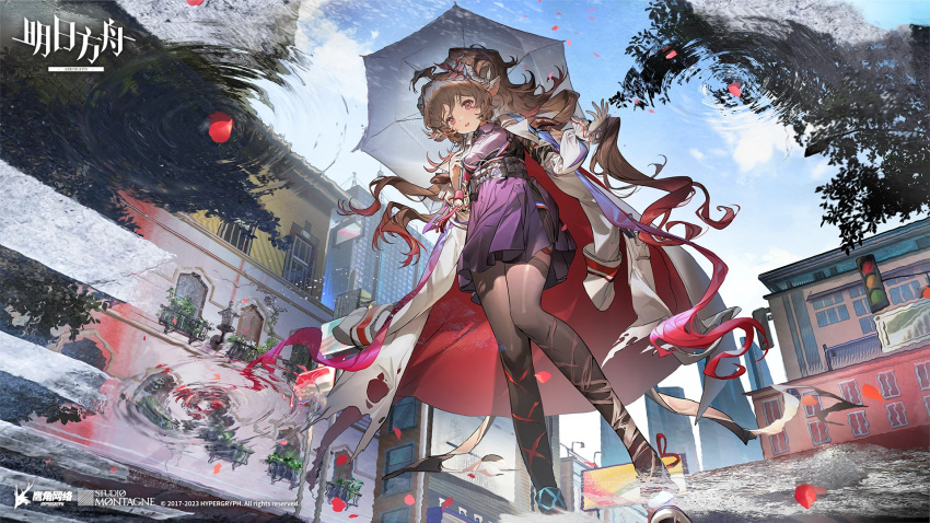 1girl animal_ears arknights belt billboard black_belt black_thighhighs breasts brown_hair building city cityscape collared_dress copyright_name crosswalk dress eyjafjalla_(arknights) eyjafjalla_the_hvit_aska_(arknights) foot_out_of_frame frills from_below hair_between_eyes highres holding holding_umbrella long_hair looking_at_viewer official_alternate_costume official_art open_mouth outdoors pleated_dress pov purple_dress red_eyes reflection sheep_ears sheep_girl sky skyscraper small_breasts solo standing teeth thighhighs traffic_light tree umbrella upper_teeth_only wet_floor window xianchong_shi