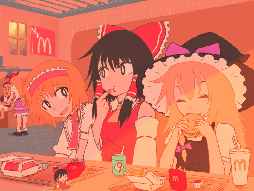 1boy 4girls :t absurdres alice_margatroid ascot baseball_cap black_eyes black_hair black_headwear black_vest blonde_hair booth_seating bow bright_pupils brown_horns burger capelet character_doll circled_9 closed_eyes closed_mouth collared_shirt commentary cookie_(touhou) cup dahaoli detached_sleeves disposable_cup eating english_commentary fast_food food french_fries frilled_bow frilled_hair_tubes frilled_hairband frilled_shirt_collar frills hair_bow hair_tubes hairband hakurei_reimu hat highres hinase_(cookie) holding holding_food horns horns_through_headwear ibuki_suika indoors irasutoya ketchup kirino_souya_(style) kirisame_marisa long_hair looking_at_another looking_to_the_side manatsu_no_yo_no_inmu mcdonald's medium_bangs multiple_girls necktie open_mouth parody pink_bow pink_hairband pink_necktie puffy_short_sleeves puffy_sleeves purple_skirt red_bow red_headwear red_shirt reu_(cookie) ribbon-trimmed_sleeves ribbon_trim sakenomi_(cookie) shirt short_hair short_sleeves sidelocks skirt sleeveless sleeveless_shirt smile style_parody table touhou tray upper_body uzuki_(cookie) vest white_capelet white_pupils white_shirt white_sleeves window witch_hat yajuu_senpai yamin_(cookie) yellow_ascot yoru_mac