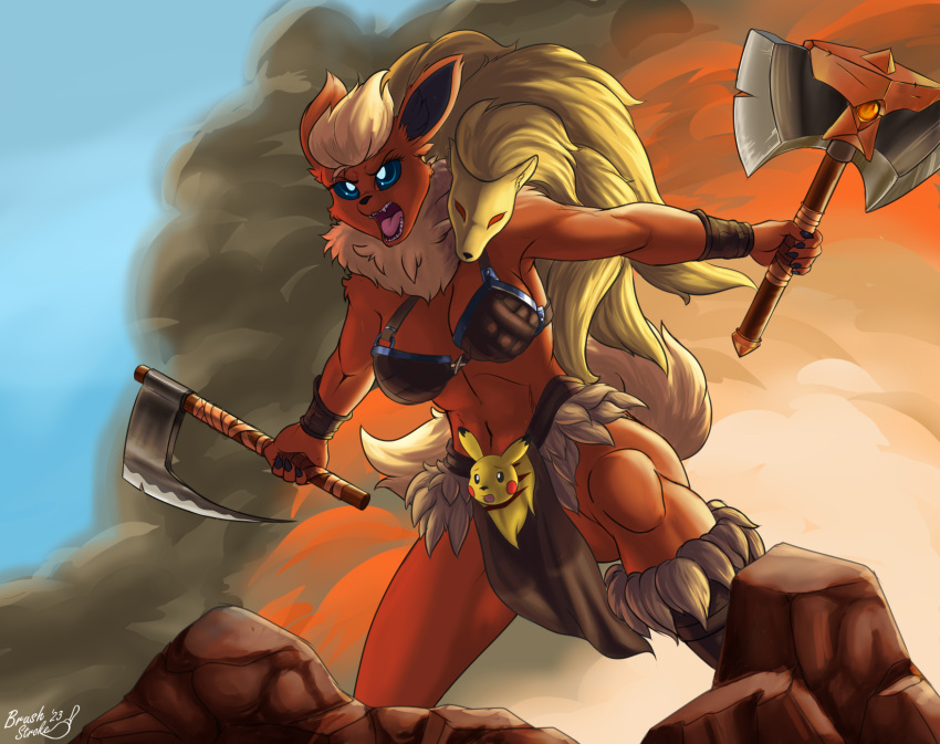 2023 anthro armor barbarian bikini_armor biped black_nose blonde_hair bottomwear breasts brushstroke cheek_tuft clothed clothing dual_wielding eeveelution eyebrows facial_tuft female flareon front_view generation_1_pokemon hair hi_res holding_axe holding_object holding_weapon loincloth midriff muscular muscular_female navel neck_tuft ninetales nintendo open_mouth orange_body outside pikachu pokemon pokemon_(species) solo standing teeth tongue tuft unconvincing_armor weapon yelling