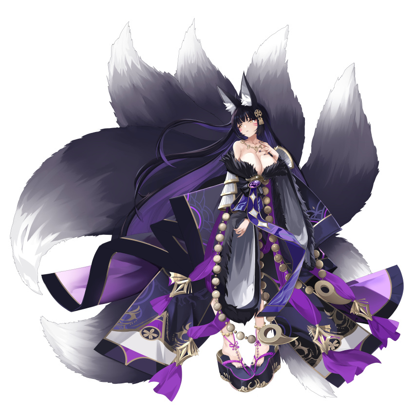 1girl absurdres animal_ears azur_lane black_hair black_kimono breasts brown_eyes cairtina_li chinese_commentary colored_inner_hair facial_mark fox_ears fox_girl fox_tail fur-trimmed_kimono fur_trim highres japanese_clothes jewelry kimono kitsune large_breasts long_hair looking_afar looking_to_the_side low_neckline magatama magatama_necklace multicolored_hair multiple_tails musashi_(azur_lane) necklace obi okobo purple_hair sash solo tail very_long_hair