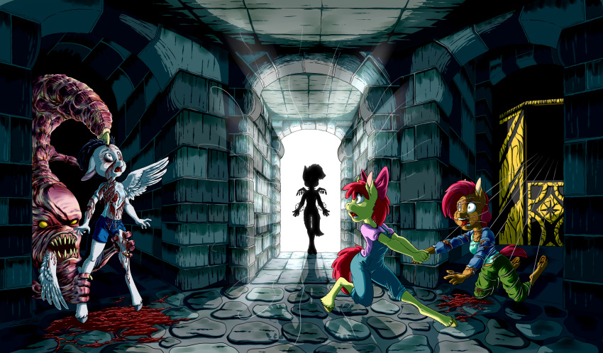 absurd_res anthro apple_bloom_(mlp) babs_seed_(mlp) blood bodily_fluids death door duo equid equine female friendship_is_magic gore group halloween hasbro hellraiser hi_res holidays horse lament_configuration male mammal my_little_pony pain pony portal rumble_(mlp) scootaloo_(mlp) terror torture violence zooshi