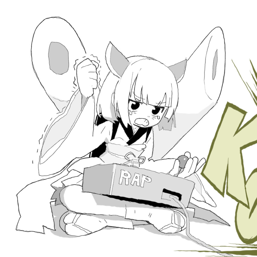 1girl angry arcade_stick backpack bag blade clenched_hand clenched_teeth controller defeat english_text full_body game_controller greyscale grimace gundam_(vxrwvww) headgear highres indian_style japanese_clothes joystick k.o. kimono kiritanpo_(food) long_sleeves looking_ahead monochrome obi obijime oversized_food oversized_object playing_games pleated_skirt raised_fist sash short_hair short_kimono sitting skirt solo spot_color tabi tearing_up teeth touhoku_kiritan trembling v-shaped_eyebrows voiceroid wide_sleeves zouri