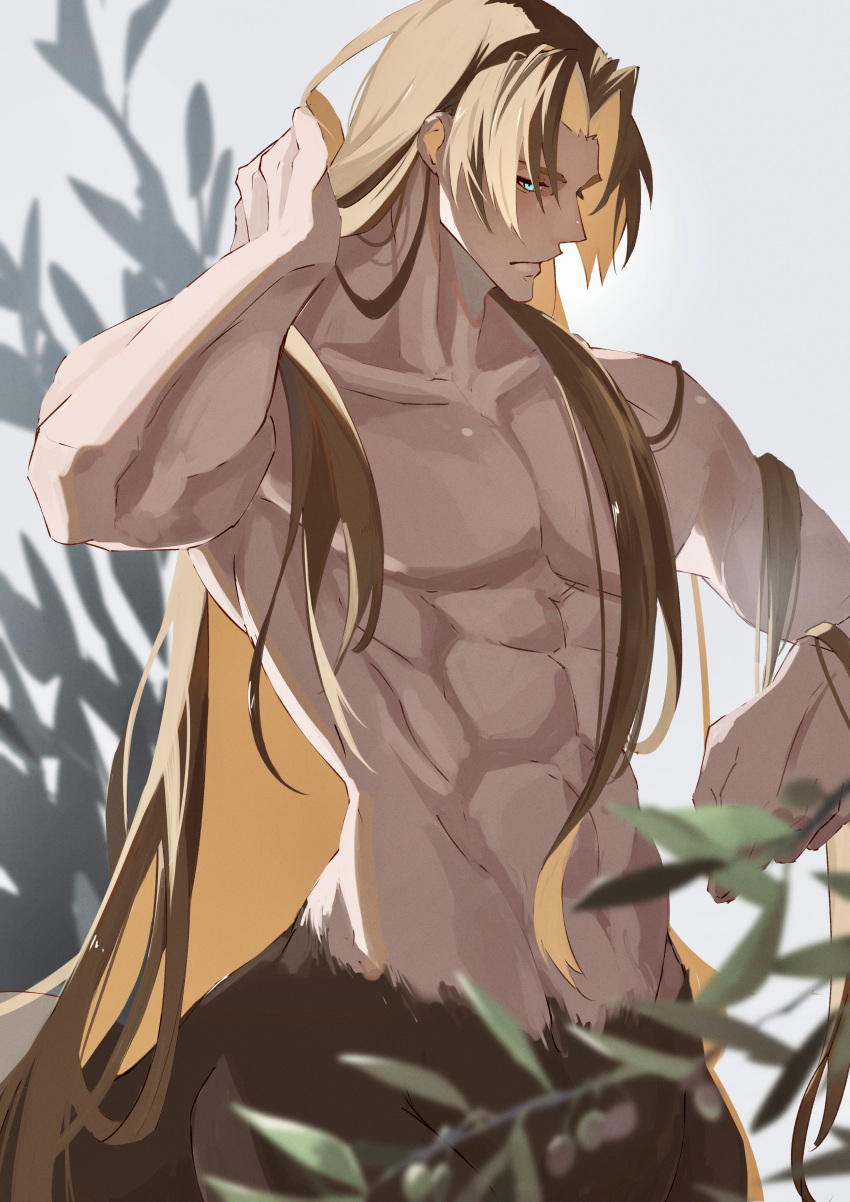 1boy abs absurdres adjusting_hair blurry blurry_foreground branch brown_hair centaur chiron_(fate) closed_mouth collarbone eyelashes fate/grand_order fate_(series) from_side haruakira highres large_pectorals long_hair looking_down male_focus mature_male monster_boy muscular muscular_male pectorals solo taur topless_male very_long_hair