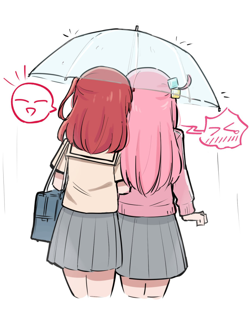 2girls 5alive bag bocchi_the_rock! commentary cropped_legs cube_hair_ornament from_behind gotou_hitori grey_skirt hair_ornament highres jacket kita_ikuyo long_hair long_sleeves multiple_girls one_side_up pink_hair pink_jacket pleated_skirt rain red_hair sailor_collar school_bag school_uniform shared_umbrella shirt short_sleeves shoulder_bag shuka_high_school_uniform simple_background skirt spoken_expression transparent transparent_umbrella umbrella white_background yellow_sailor_collar yellow_shirt yuri