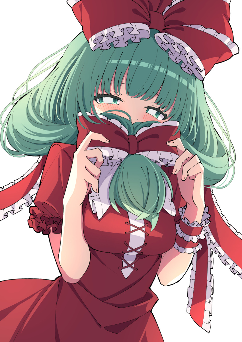 1girl absurdres bow dress frilled_bow frilled_ribbon frills front_ponytail green_eyes green_hair hair_bow hair_ribbon highres kagiyama_hina long_hair red_bow red_dress red_ribbon ribbon short_sleeves simple_background solo touhou tsukimirin white_background