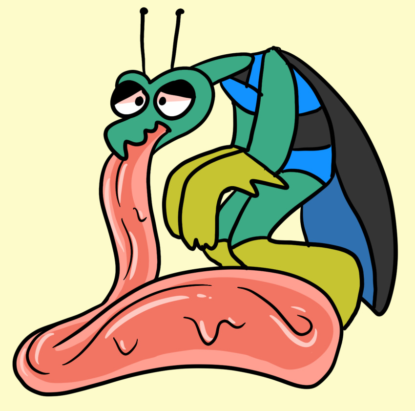 alien arthropod bodily_fluids dokarian hanna-barbera hi_res hyper hyper_tongue insect long_tongue male pechaberry saliva simple_background solo space_ghost_(series) tongue tongue_out yellow_background zorak_(character)