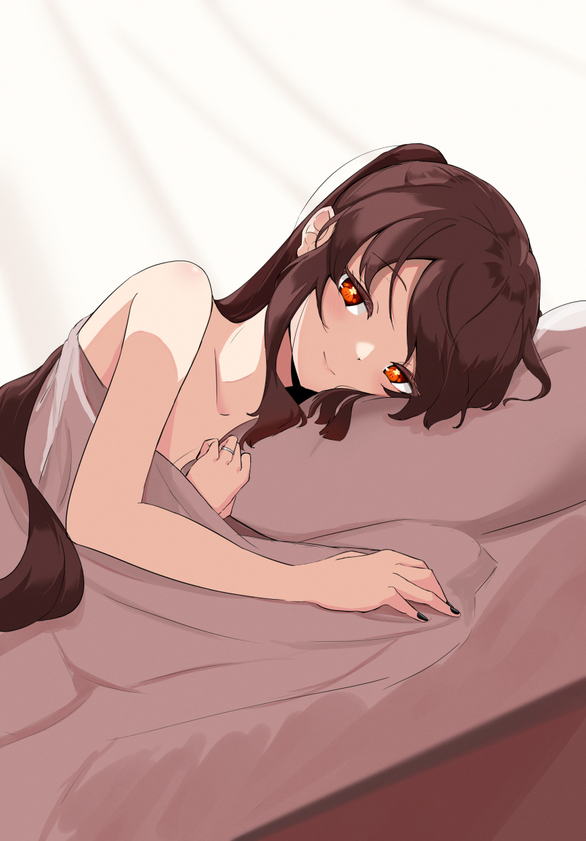 1girl absurdres bed_sheet black_nails brown_hair closed_mouth commentary_request genshin_impact highres hu_tao_(genshin_impact) jewelry long_hair lying nanana1218 on_bed on_side pillow ponytail red_eyes ring smile solo