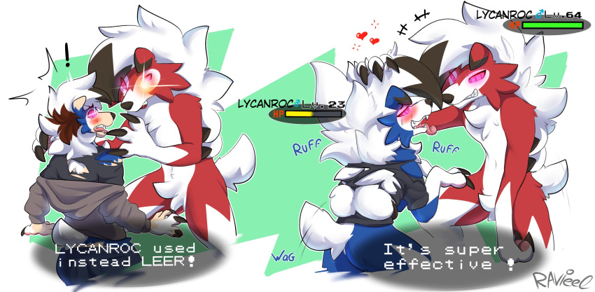 &lt;3 after_transformation anthro blue_body blue_fur blush claw_growth claws crotch_tuft duo ear_growth english_text exclamation_point fangs finger_claws fur fur_growth fused_fingers generation_7_pokemon glowing glowing_eyes growth hi_res human_to_anthro interface looking_at_another lycanroc male mid_transformation midnight_lycanroc nintendo onomatopoeia open_mouth pokemon pokemon_(species) ravieel red_body red_fur scut_tail shaded shiny_pokemon short_tail simple_background snout sound_effects species_transformation tail tail_motion tailwag teeth text tongue tongue_out transformation tuft white_body white_fur
