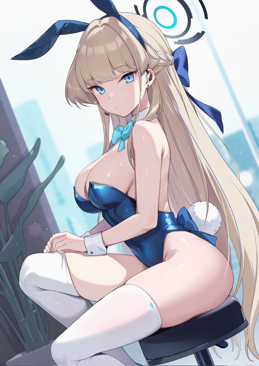 1girl animal_ears aqua_bow aqua_bowtie azuki_yui bare_shoulders blonde_hair blue_archive blue_eyes blue_halo blue_leotard blush bow bowtie braid breasts cleavage closed_mouth detached_collar earpiece fake_animal_ears french_braid from_side hair_ornament halo highleg highleg_leotard highres large_breasts leotard long_hair looking_at_viewer looking_to_the_side medium_breasts playboy_bunny rabbit_ears rabbit_tail sitting solo stool tail thighhighs thighs toki_(blue_archive) toki_(bunny)_(blue_archive) white_thighhighs wrist_cuffs