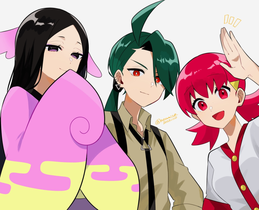 3girls :d ahoge arm_up black_hair black_necktie buttons closed_mouth collared_shirt commentary_request dated earrings eyelashes genjitsu_o_miro green_hair hair_ornament hairclip japanese_clothes jewelry kimono long_hair looking_at_viewer multiple_girls necktie notice_lines open_mouth pink_kimono pokemon pokemon_hgss pokemon_sv pokemon_xy ponytail purple_eyes red_eyes red_hair rika_(pokemon) shirt smile suspenders twitter_username valerie_(pokemon) whitney_(pokemon)