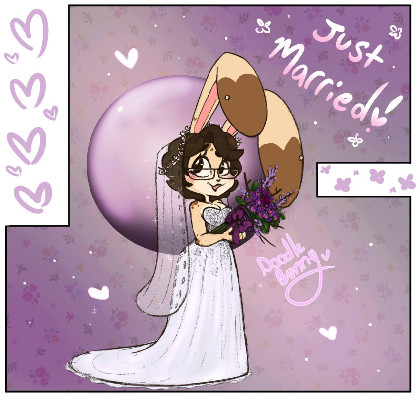 &lt;3 anthro big_breasts big_butt big_ears black_nose blush bouquet bow_(feature) bow_ribbon breasts brown_body brown_fur brown_hair butt clothing curvy_figure doodlebunnyart dress eyelashes eyewear flower flower_bouquet fur fur_markings glasses hair heart_nose heavy_blush hi_res hourglass_figure hunie_(doodlebunnyart) lagomorph leporid lipstick looking_back makeup mammal markings married open_mouth pattern_background patterned_fur plant purple_background purple_clothing purple_flower rabbit signature simple_background solo sphere standing tan_body tan_fur thick_thighs wedding_dress wedding_veil white_background white_body white_clothing white_fur