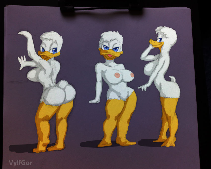 2023 anatid anseriform anthro avian big_breasts bird blue_eyes breasts butt daisy_duck digital_media_(artwork) digital_painting_(artwork) disney duck female hair hi_res looking_at_viewer looking_back lying mixed_media multicolored_body non-mammal_breasts on_front open_mouth portrait short_hair side_boob solo tail traditional_media_(artwork) two_tone_body vylfgor white_body