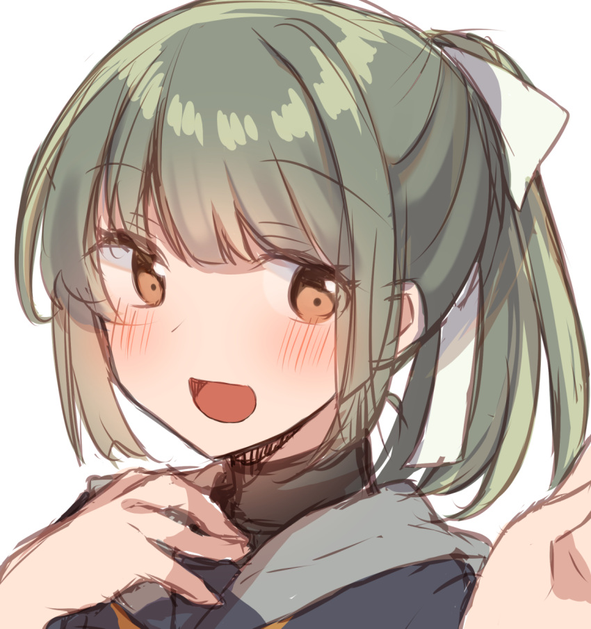 1girl black_shirt brown_eyes grey_hair grey_sailor_collar hair_ribbon hand_on_own_chest highres kantai_collection long_hair ribbon sailor_collar school_uniform serafuku shirasumato shirt simple_background smile solo turtleneck upper_body white_background white_ribbon yuubari_(kancolle) yuubari_kai_ni_(kancolle)