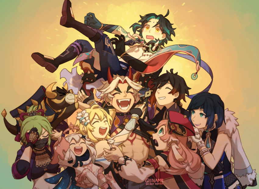 3boys 5girls abs antlers aqua_hair arataki_itto arm_tattoo arm_up armor asymmetrical_sleeves bead_necklace beads black_gloves blonde_hair blue_cape blue_hair blush brown_hair cape choker closed_eyes colored_inner_hair detached_sleeves diagonal_bangs earrings facepaint facial_mark fingerless_gloves flower forehead_mark formal fur-trimmed_jacket fur_trim genshin_impact gloves gradient_hair green_eyes green_hair hair_flower hair_ornament hand_on_own_head happy horns jacket jewelry kuki_shinobu laughing long_hair long_sleeves lumine_(genshin_impact) mask mouth_mask multicolored_hair multiple_boys multiple_girls muscular muscular_male necklace ninja_mask oni oni_horns open_mouth paimon_(genshin_impact) parted_bangs pink_hair puffy_long_sleeves puffy_sleeves qiinamii red_hair red_horns shoulder_armor sidelocks single_earring spiked_armor star_(symbol) star_hair_ornament tassel tassel_earrings tattoo teeth thick_eyebrows throwing_person upper_teeth_only vision_(genshin_impact) white_gloves xiao_(genshin_impact) yanfei_(genshin_impact) yelan_(genshin_impact) yellow_eyes zhongli_(genshin_impact)