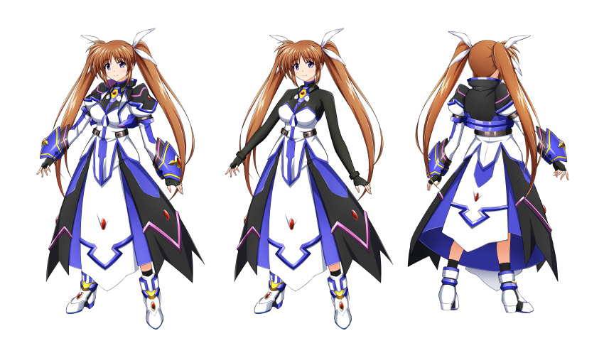 1girl absurdres breasts brown_hair commentary_request fingerless_gloves gauntlets gloves hair_ribbon highres large_breasts long_hair lyrical_nanoha mahou_shoujo_lyrical_nanoha_detonation mahou_shoujo_lyrical_nanoha_strikers oshimaru026 purple_eyes ribbon solo takamachi_nanoha takamachi_nanoha_(formula_ii) twintails white_footwear
