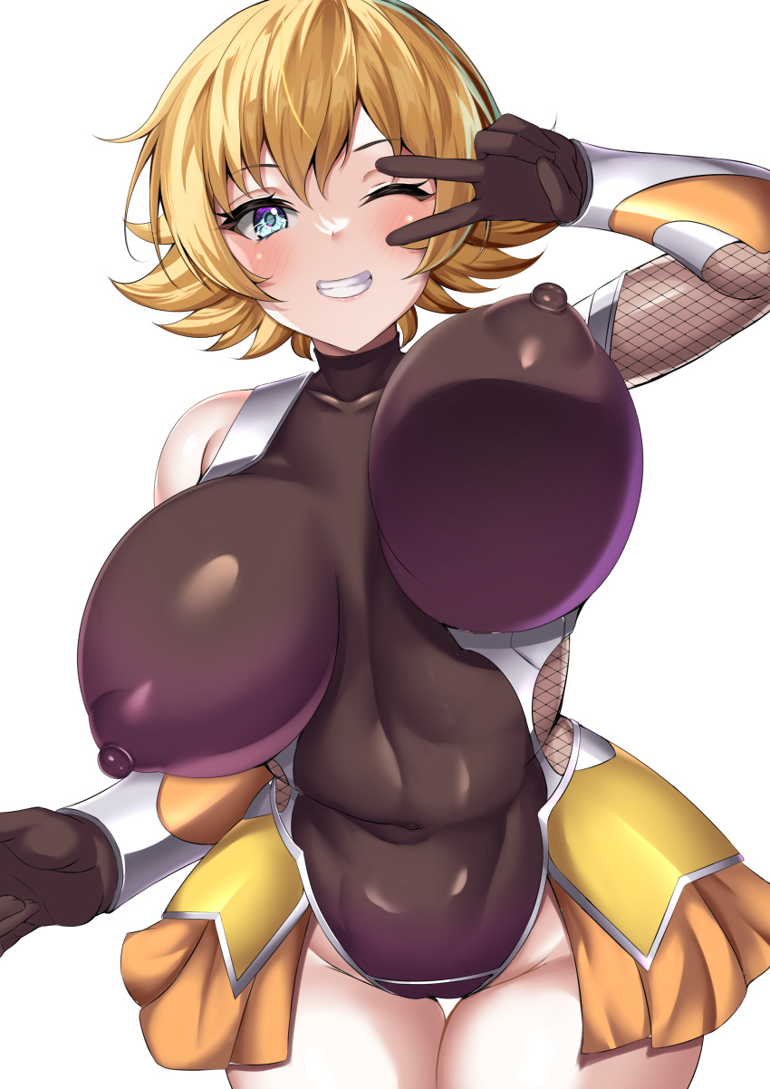 1girl absurdres bare_shoulders blonde_hair blue_eyes blush breasts covered_navel fishnets grin highres igawa_sakura large_breasts latex latex_leotard leotard ninja one_eye_closed parapetto revealing_clothes short_hair smile solo taimanin_(series) taimanin_asagi taimanin_suit v