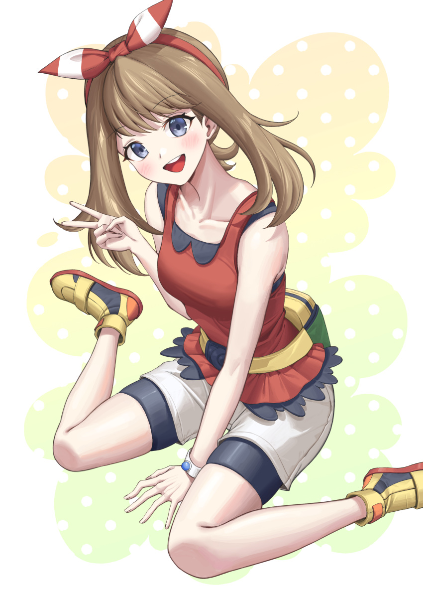 1girl :d absurdres bike_shorts bike_shorts_under_shorts bow breasts brown_hair collarbone fanny_pack grey_eyes hair_bow hairband highres may_(pokemon) open_mouth pokemon pokemon_(game) pokemon_oras red_bow red_hairband red_tank_top shoes short_shorts shorts sitting small_breasts smile tank_top todeu_(cool8254) twintails v wariza white_shorts