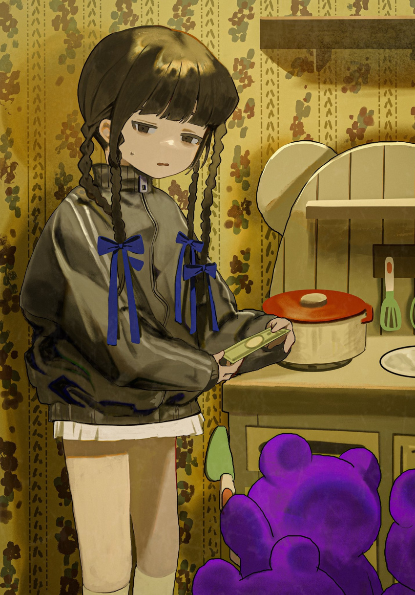 1girl banknote bear black_eyes black_hair black_jacket bow commentary_request cooking_pot feet_out_of_frame hair_bow high_collar highres holding holding_money indoors jacket kitchen kneehighs kurehalxxx long_hair long_sleeves looking_at_viewer miniskirt money mugging multiple_hair_bows open_mouth original quad_braids skirt socks solo spatula sweatdrop track_jacket wallpaper_(object) white_skirt