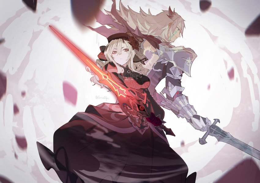 1boy 1girl armor balmung_(fate/apocrypha) black_dress black_flower black_headwear black_rose dress expressionless fate/grand_order fate_(series) flower glowing glowing_sword glowing_weapon green_eyes grey_eyes hat highres holding holding_sword holding_weapon husband_and_wife kriemhild_(fate) long_hair looking_at_viewer mole mole_under_eye profile rose siegfried_(fate) soshin_(siriusalpc) sword weapon white_hair