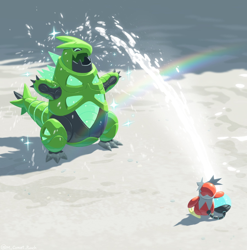 claws closed_eyes commentary fangs highres iron_bundle iron_thorns komepan no_humans open_mouth outstretched_arms pokemon pokemon_(creature) rainbow sparkle standing water