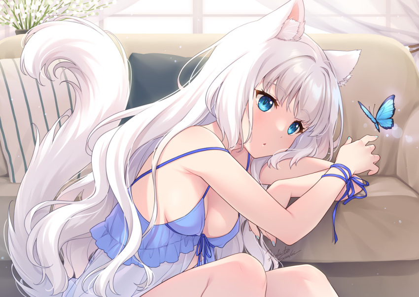 1girl animal animal_ear_fluff animal_ears babydoll bare_shoulders blue_eyes bug butterfly cat_ears cat_girl cat_tail commentary_request couch covered_nipples curtains feet_out_of_frame indoors long_hair original parted_lips pillow saeki_hokuto signature solo strap_slip tail transparent very_long_hair white_hair window