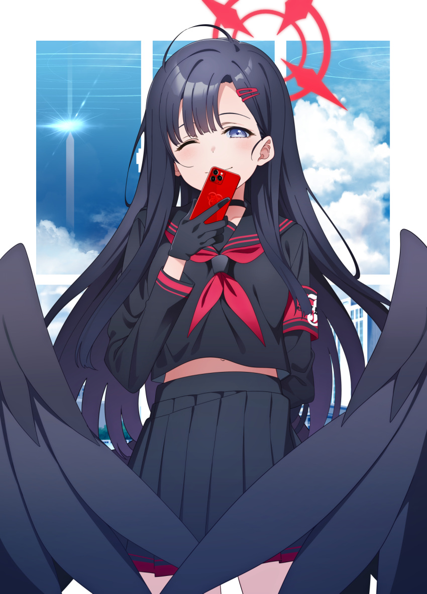 1girl black_gloves black_serafuku black_wings blue_archive blue_eyes cellphone commentary_request gloves halo highres holding holding_phone ichika_(blue_archive) kawakami_shuuichi long_hair long_sleeves looking_at_viewer one_eye_closed phone red_halo school_uniform serafuku solo wings