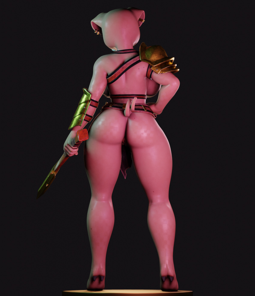 anthro anus armor axe barely_visible_genitalia barely_visible_pussy big_breasts big_butt bottomless breasts butt clothed clothing domestic_pig female genitals hi_res holding_object mammal mayosplash melee_weapon microsoft minecraft mojang piglin pussy simple_background solo suid suina sus_(pig) tail topwear tusks undead weapon xbox_game_studios