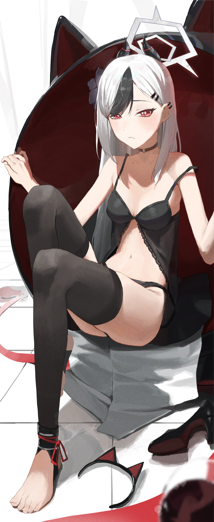 1girl absurdres black_choker black_hair black_panties black_thighhighs blue_archive breasts choker closed_mouth feet hair_ornament hairclip halo highres kayoko_(blue_archive) kji_(rozo) long_hair looking_at_viewer medium_breasts mole multicolored_hair navel negligee panties red_eyes shoes shoes_removed sitting solo stirrup_legwear strap_slip thighhighs toeless_legwear two-tone_hair underwear white_hair